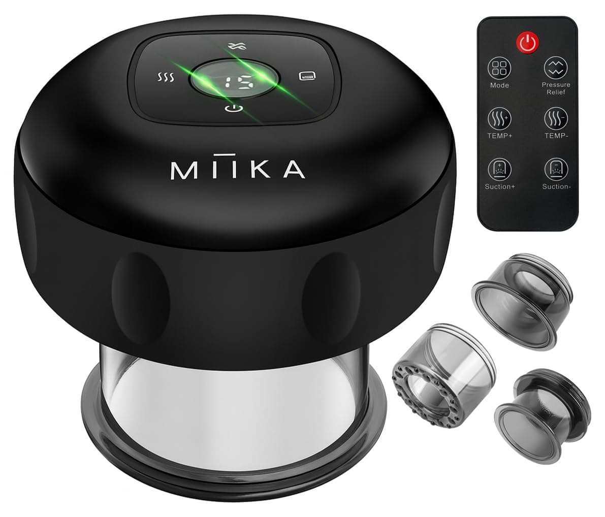 MIIKA Electric Suction Cups Set with Remote Control, Travel Case, Smart Massage Massager, Red Light and Thermal Suction Cups for Body Relaxation Black