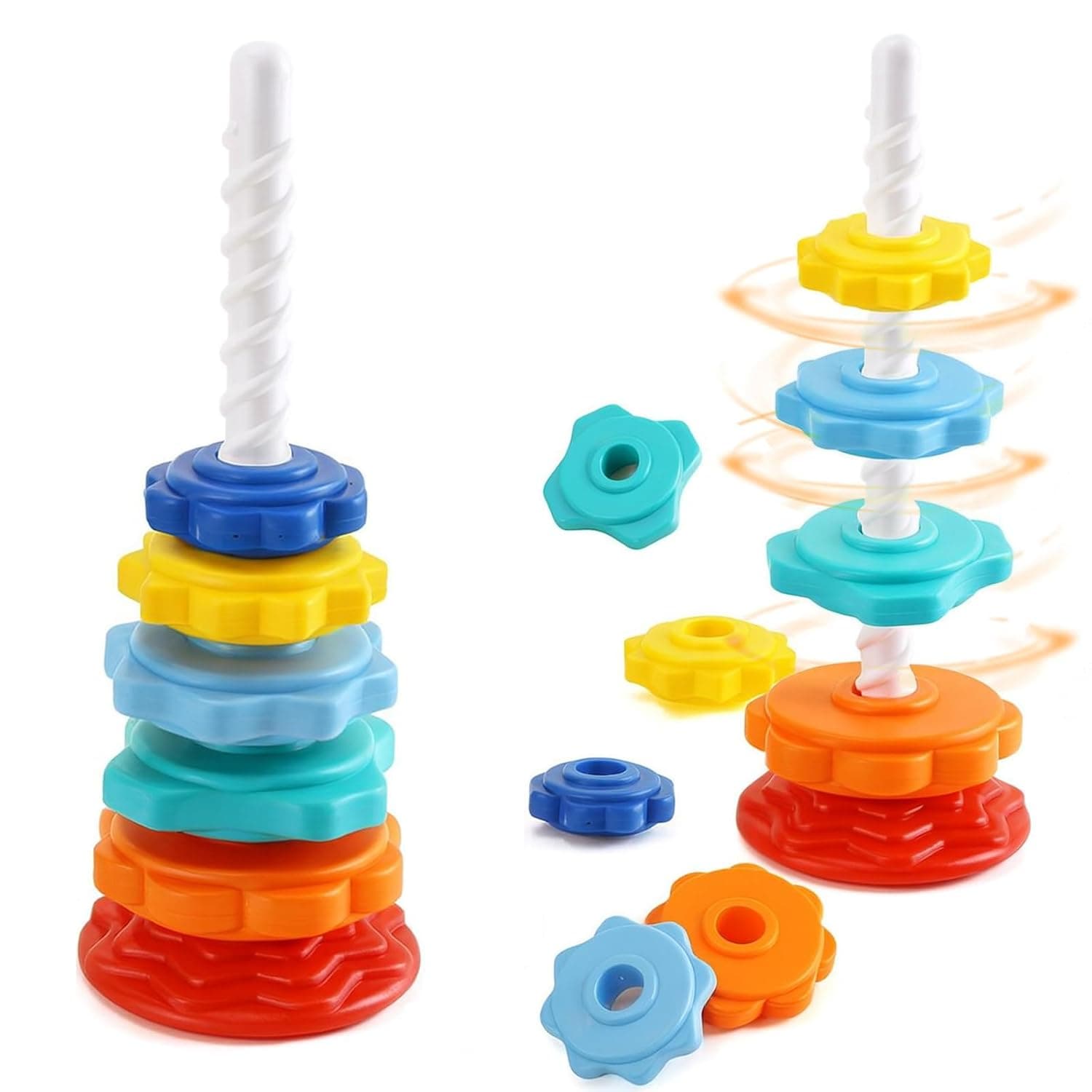 Rainbow Spin & Stack Toy, Montessori Stacking Rings with Spinning Base, Sensory Educational Toys for Toddlers 1+ Year Old Years, BPA-Free Autism Happy Learning for Fine Motor Skills, 6 Pcs