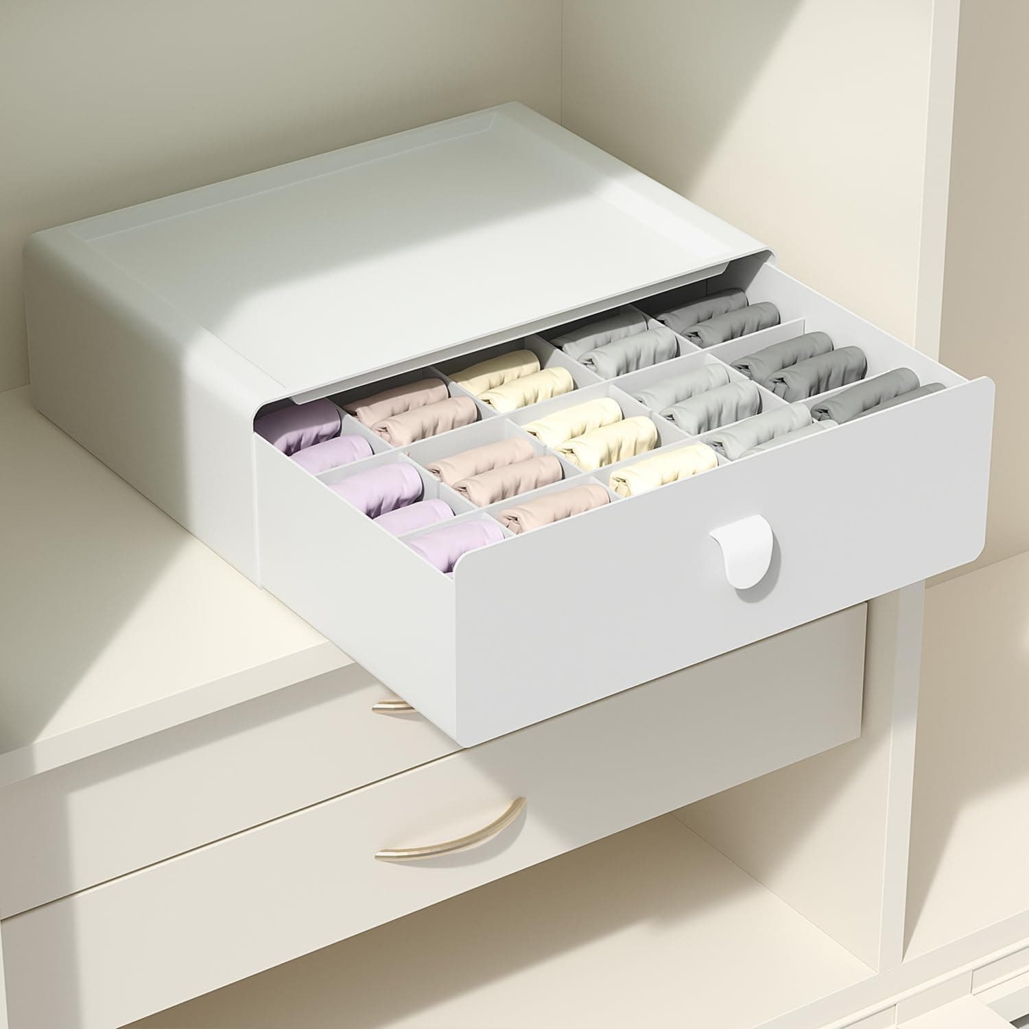 Under Shelf Drawer Organizer, Underwear Organizer Drawer, 15 Cells Plastic Socks Drawer, Stackable Closet Organizer, Storage Box for Bras, Panties, Snacks, Suitable for Office/Home/School, Grey