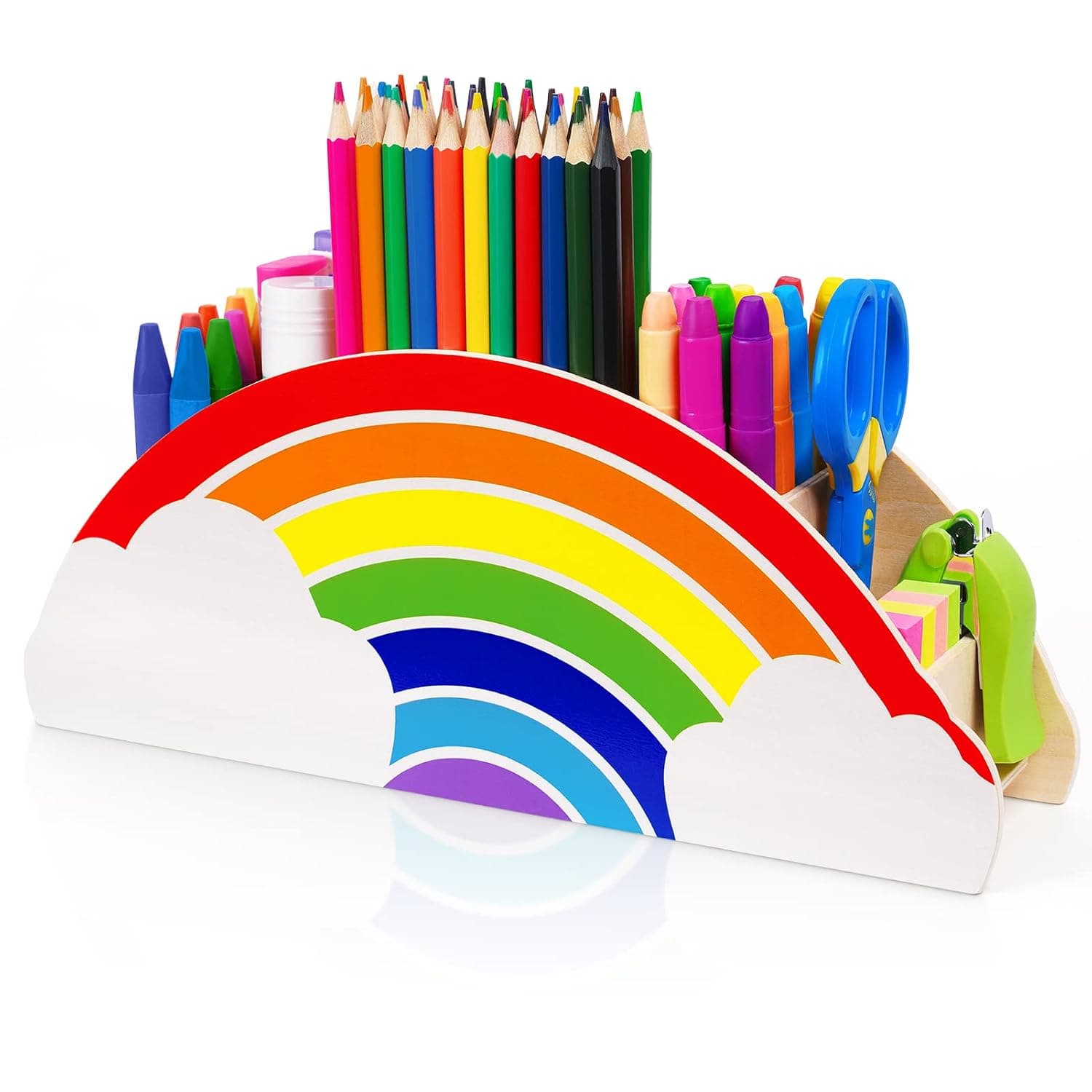 Gamenote Wooden Pen Holder & Pencil Holders - Rainbow Supply Caddy Desk Organizer Desk Tidy for Office Supplies Makeup Brush Classroom Organization for Women & Kids | Rainbow Wooden Pen Pen Brush Organizer for Office Classroom Home Office