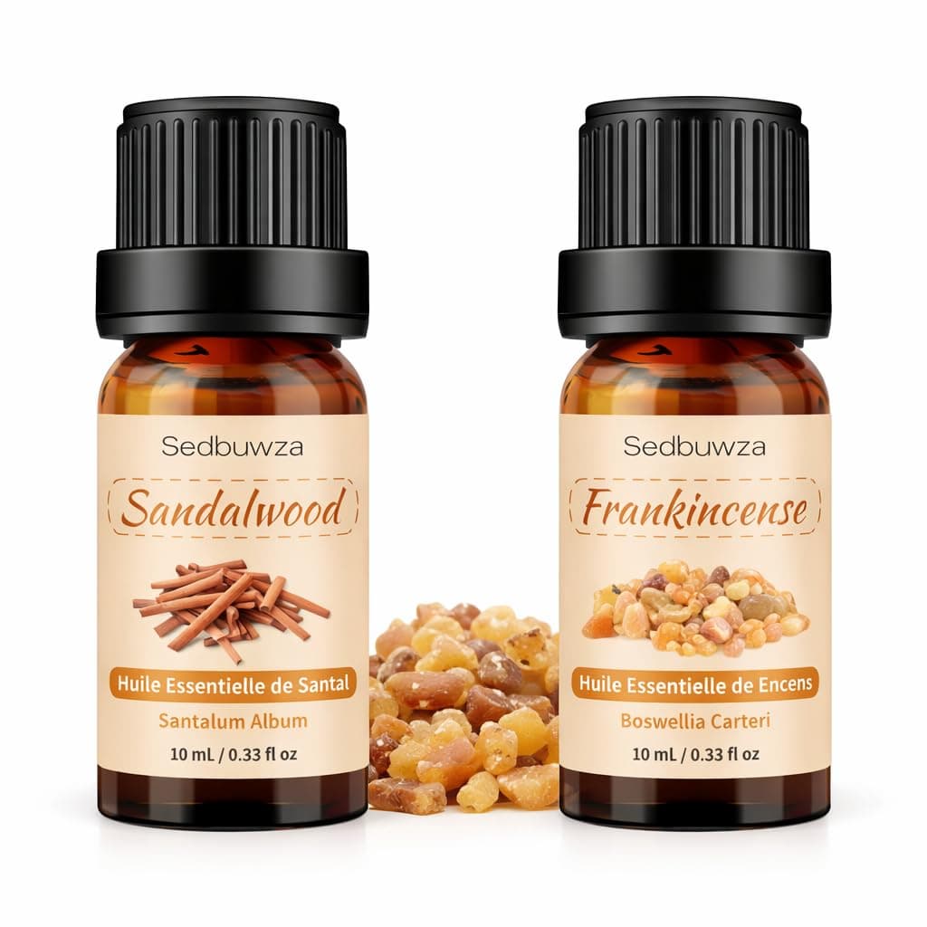 Sedbuwza Sandalwood and Frankincense Oil Set, 2 x 10 mL, Candles