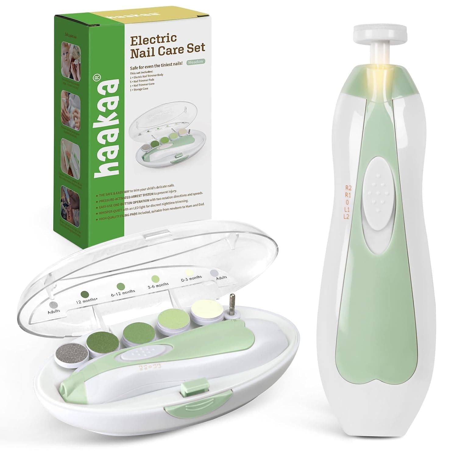 haakaa Baby Nail Trimmer Electric Safe Baby Nail Clippers Baby Nail File Kit Manicure Set, Trim Polish Grooming kit for Newborn Toddler, 6 Grinding Heads and LED Light, Meadow