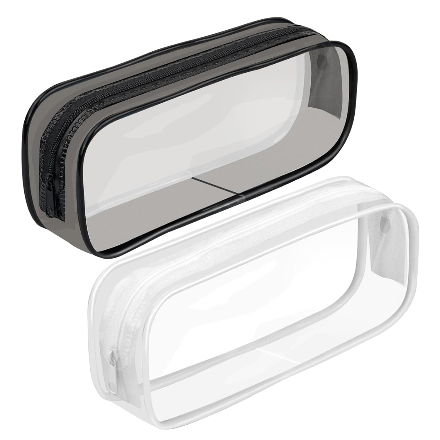 Clear Zipper Pencil Bag, 2 Pieces PVC Pencil Case, Waterproof Makeup Pouch, Transparent Stationery Bag for School, Office, Travel, Black, White