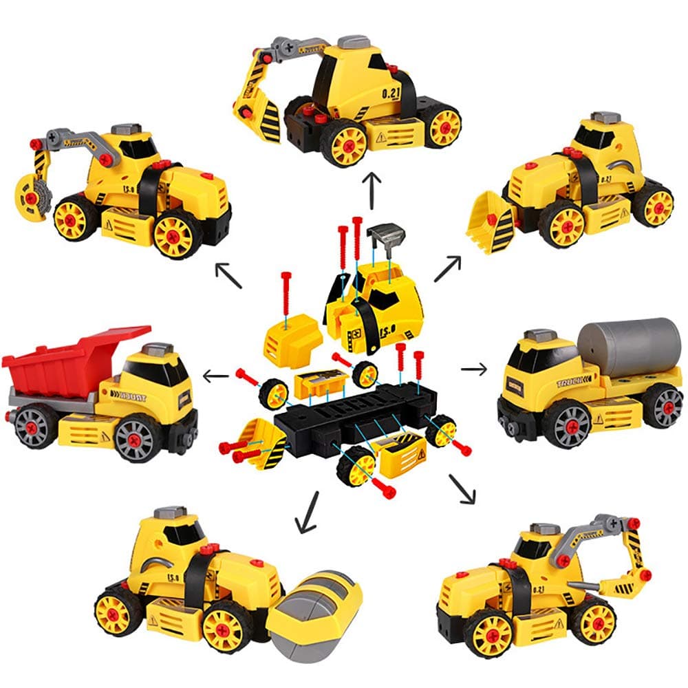 Take Apart Toy, 7 in 1 Construction Vehicles Set to Assemble, 68 Pcs Building Trucks Toy Build Your Own Car Kit with Screws Educational Gift Toys For Boys Girls Age 3