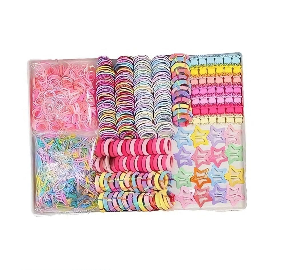 ALMEKAQUZ 875 PCS Girls Hair Accessories Set, Colorful Elastic Hair Ties with Cute Hair Clips, Wide Variety of Styles, Toddler Hair Rubber Bands for Kids Daily & Party Use