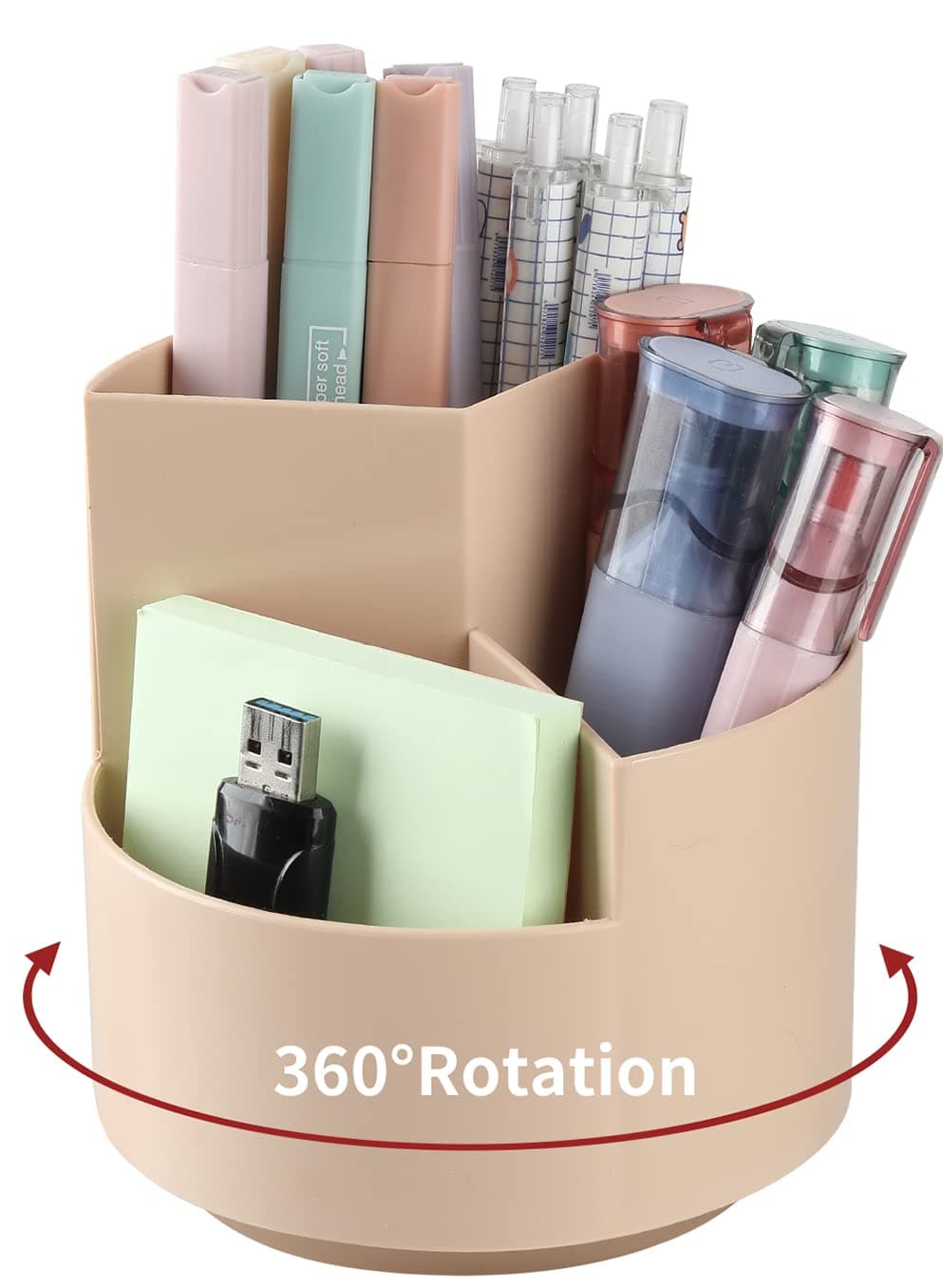 Desk Pencil Pen Holder, 3 Slots 360-Degree Spinning Pencil Pen Desk Organizers, Desktop Storage Pen Organizers Stationery Supplies, Cute Pencil Cup Pot for Office, School, Art Supply - Khaki