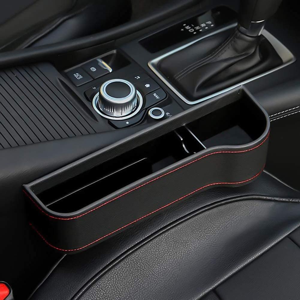 Joyzzz Car Seat Gap Filler Organizer, PU Leather Multifunctional Organizer, Black Car Storage Box for Phones, Keys, Coins, Sunglasses, Easy Installation, Universal Fit for Most Vehicles (Black)