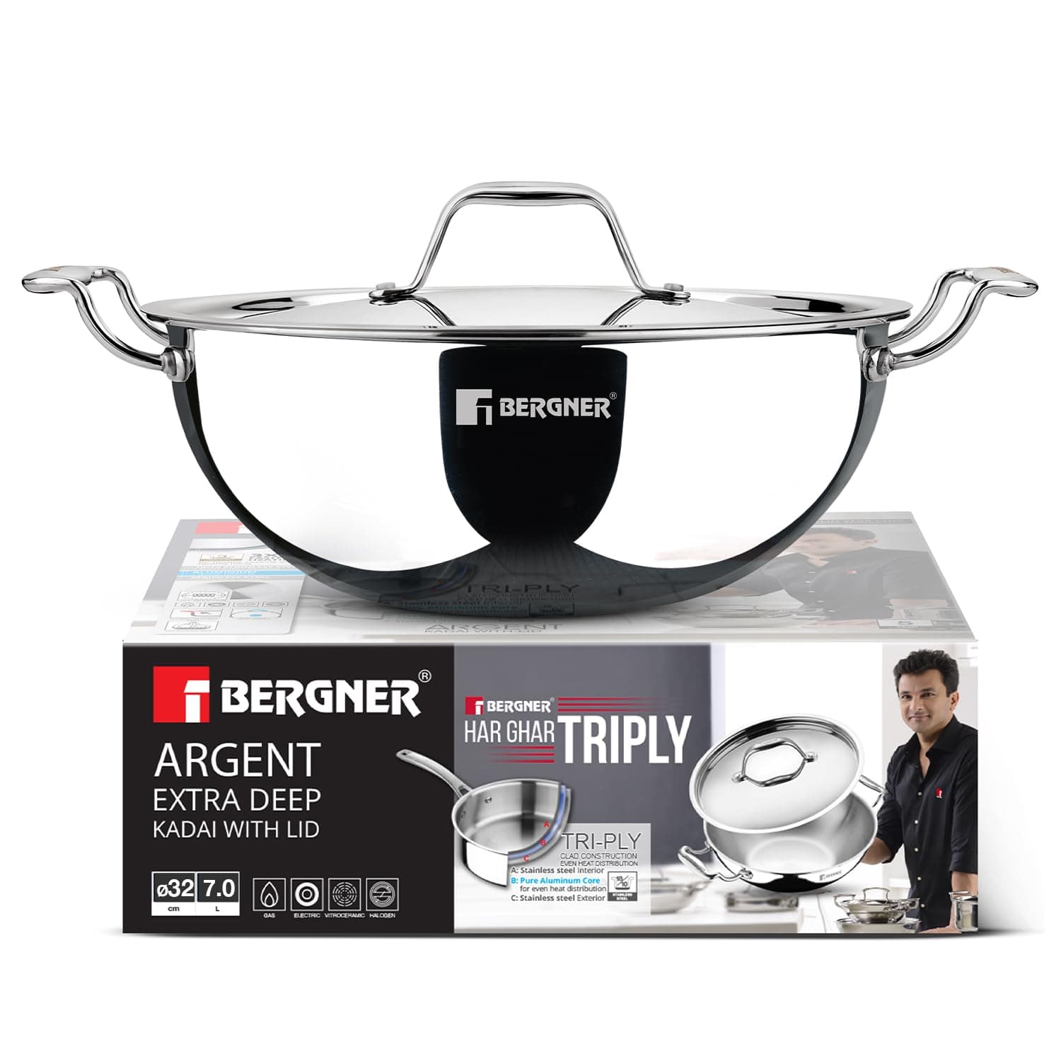 Bergner Argent 32cm (7L) Tri-Ply Stainless Steel Deep Stir-Fry Pan, Multipurpose Curry Pan with Lid, Less Oil Use Healthy Cooking, Food Safe, Stay-Cool Handles, Induction & Gas Stove Compatible