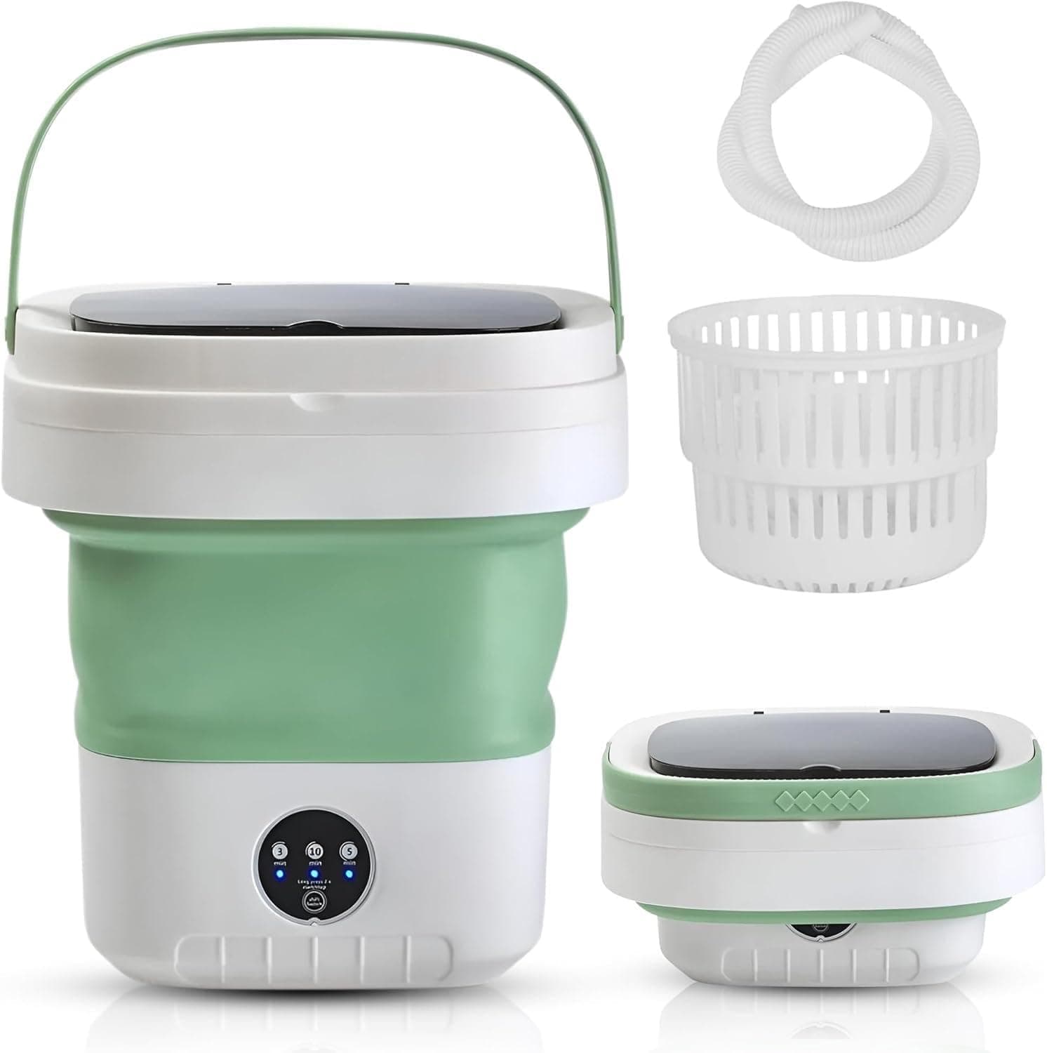 YelaJoy Green Portable Washing Machine, Foldable Mini Washer for Baby Clothes, Collapsible Laundry Bucket, Small Apartment Travel Utility Tub, Quiet Motor Cleaning Device