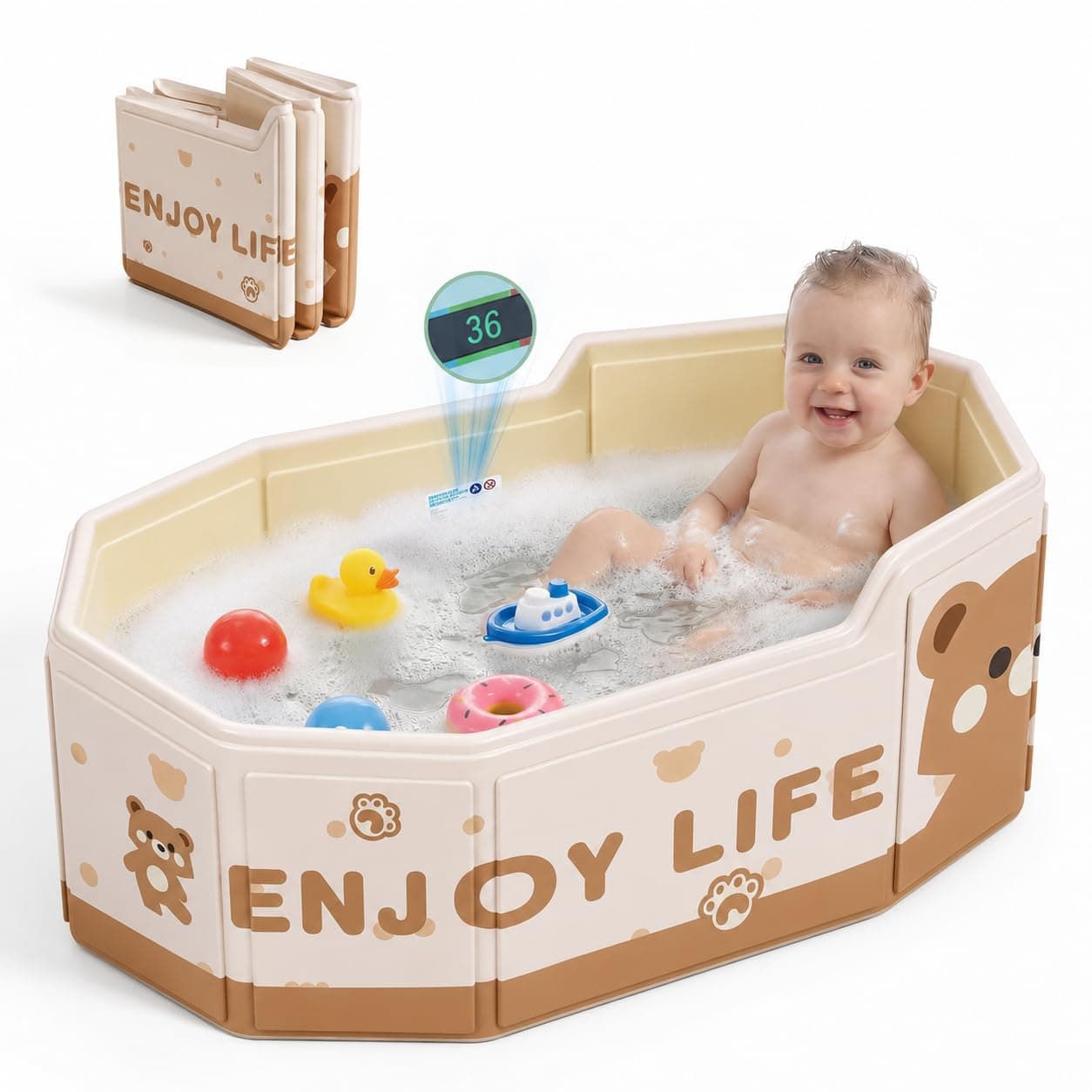 Foldable Baby Carrycot for 0-8 Years with Drain Plug, Compact and Travel Friendly