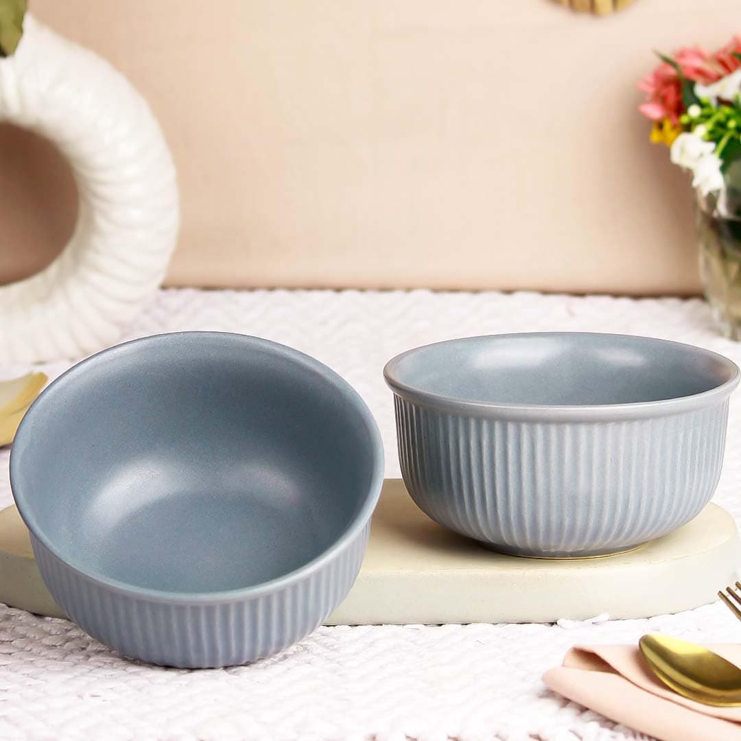 The Earth Store Grey Fringe Ceramic Snack Bowls Set of 2 for Serving Pasta, Noodle, Maggi, Cereal Microwave Safe Salad Bowl, Mixing Bowl for Snacks- 550 ML Each