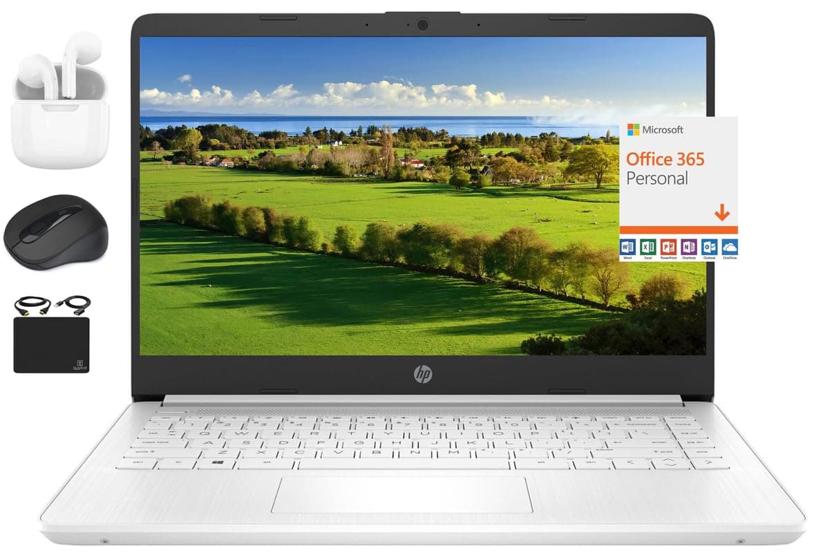 HP 2024 14" Laptop Notebook Thin Light for Students Business, Quad-Core Intel N4120, 8GB RAM, 192GB (64GB eMMC+ 128GB Card), 1 Year Office 365, Webcam, WiFi, Windows 11S, HubxcelAccessory White