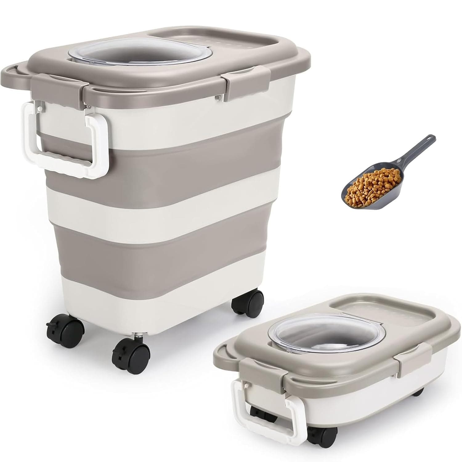 Dog Food Storage Container,25-28lbs Collapsible Pet Food Container with Airtight Lids,Wheels,Scoop,Handle for Dog/Cat,Food Storage Containers to Keep Dry Food Fresh,Easy to Move (Khaki)