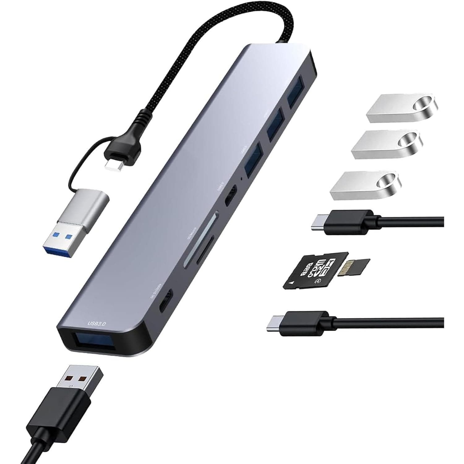 HASTHIP USB C Hub,for PC 8 in 1 USB C HUB for Macbook Pro Air with 2.0/3.0 USB Adapter Multiple Port, SD/TF Card Reader, PD 100W & Data Port USB Type C Hub for Laptop 20cm USB Hub Long Cable