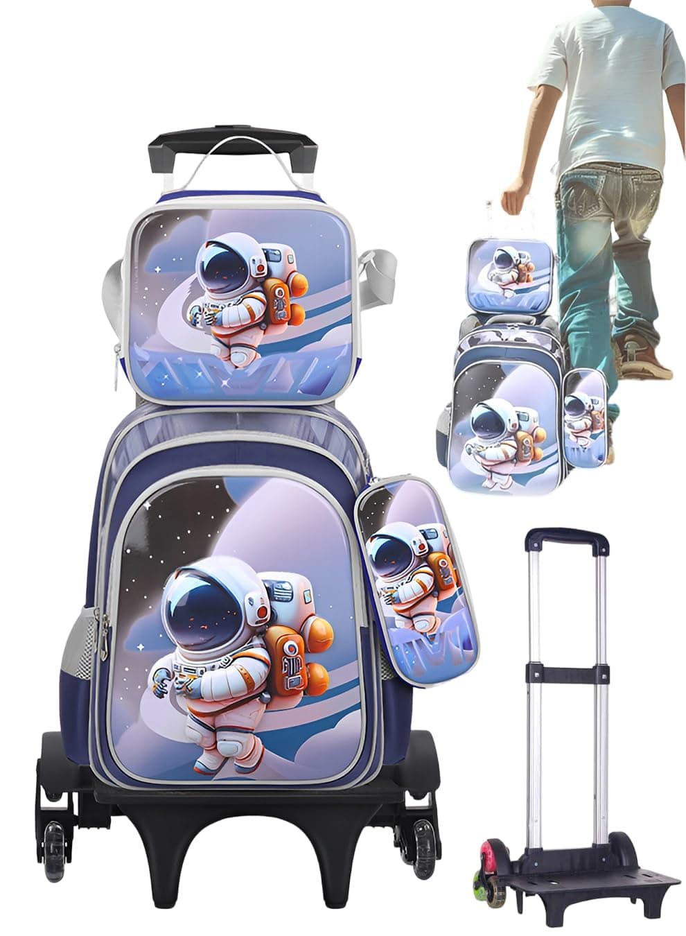 3PCS Children School Bag, Student Rolling Backpacks Set, Trolley School Bag + Lunch Bag + Pencil Case, Kids Backpack for Boys Girls, Cute Cartoon Schoolbag, Lightweight Trolley Travel Bag, Blue