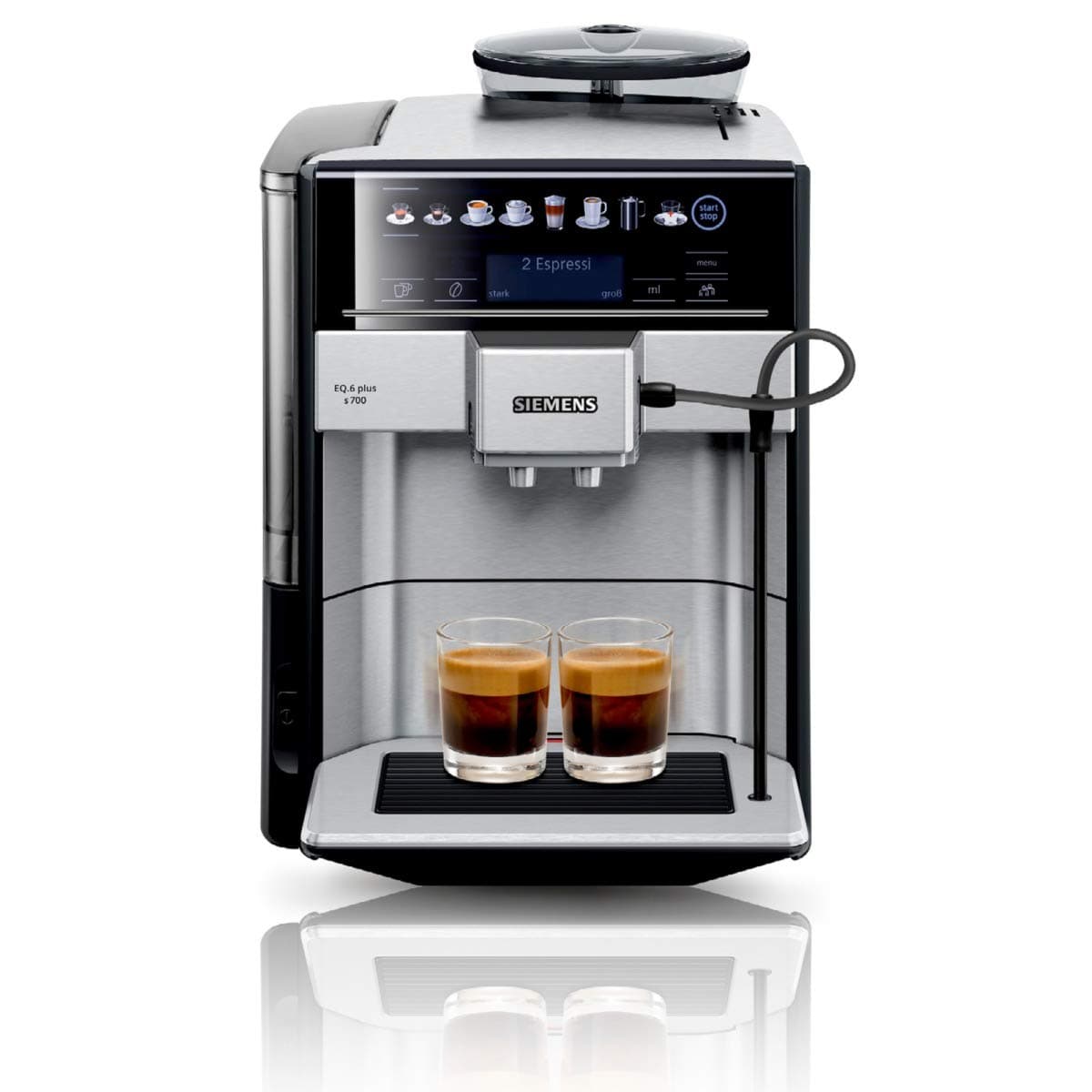 Siemens Fully Automatic Coffee Machine EQ.6 plus s700 TE657503DE, for Many Coffee Specialities, Milk Frothing Nozzle, Ceramic Grinder, Double Cup Function, Anti-Limescale Automatic Steam Cleaning