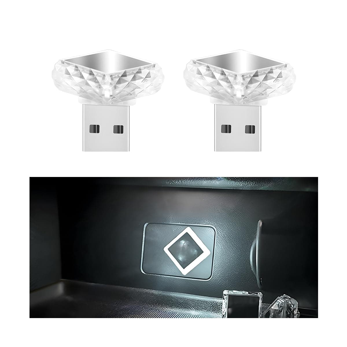 2PCS USB Mini LED Car Interior Atmosphere Lamps, Portable Vehicle Decoration Night Lighting, Plug-in USB Interface Automotive Trunk Ambient Lamp, Universal for SUV, Truck, RV (White)