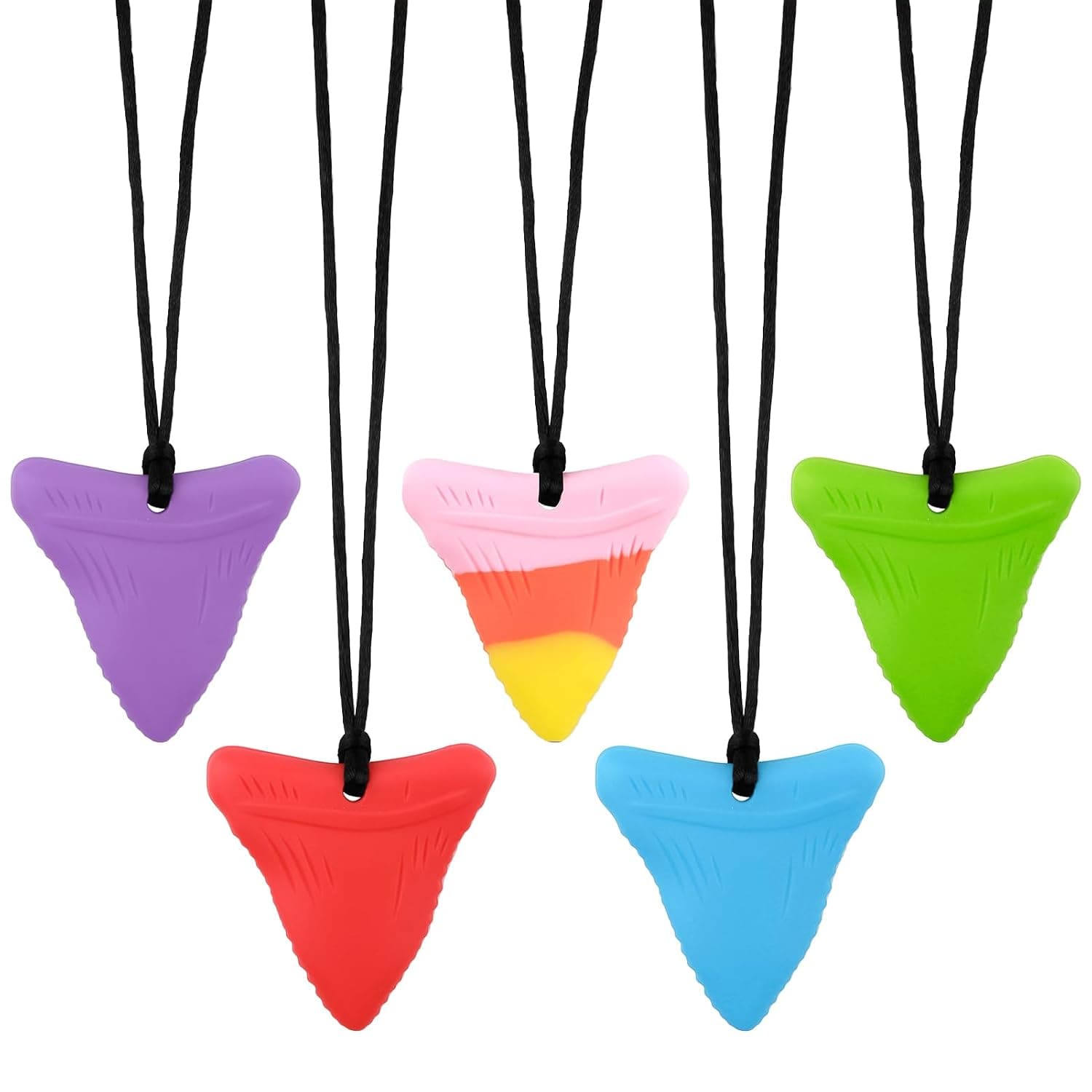 ORUZA Sensory Chew Necklace, 5 PCS Shark Shape Silicone Chew Necklace for Teething, ADHD, Autism, Biting Needs, Oral Motor Chewy Teether for Autistic Children Baby Boys&Girls