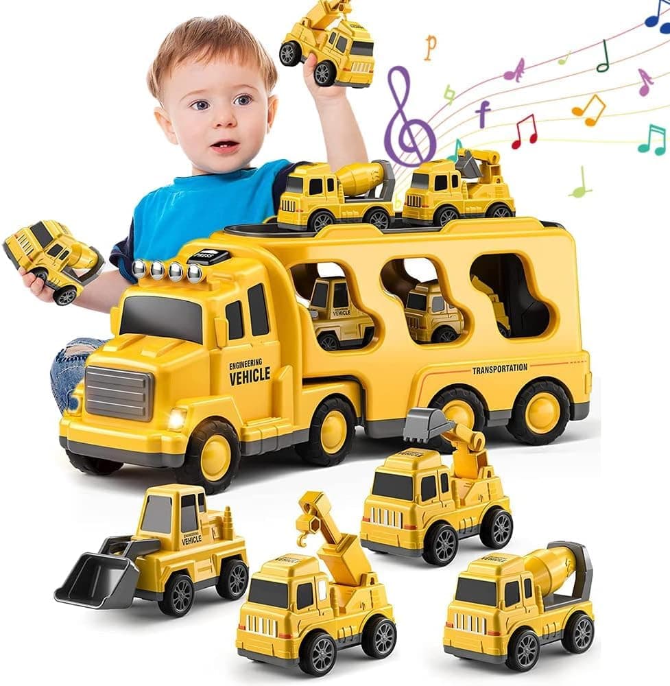 Soofam Construction Truck Toys Toddlers 3 years old, 5 in 1 Friction Power Emergency Vehicle Car Toy with Light and Sound for Toddlers 3 years old.