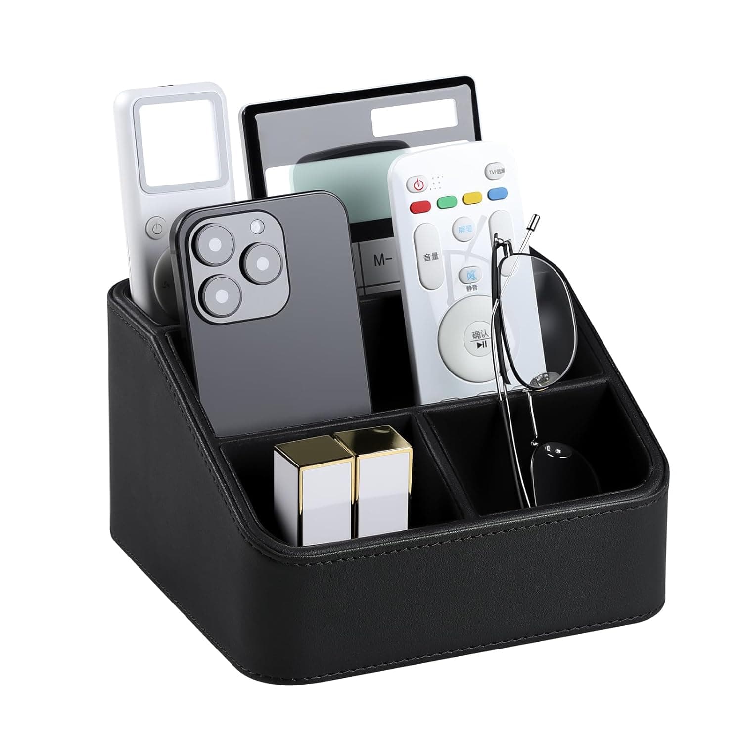 PU Leather Desk Organizer with 4 Compartments, Remote Control Holder, Nightstand Organizer for Phone, Glasses, Notepad and Office Supplies, Multifunctional Storage Box for Home or Office (Black)