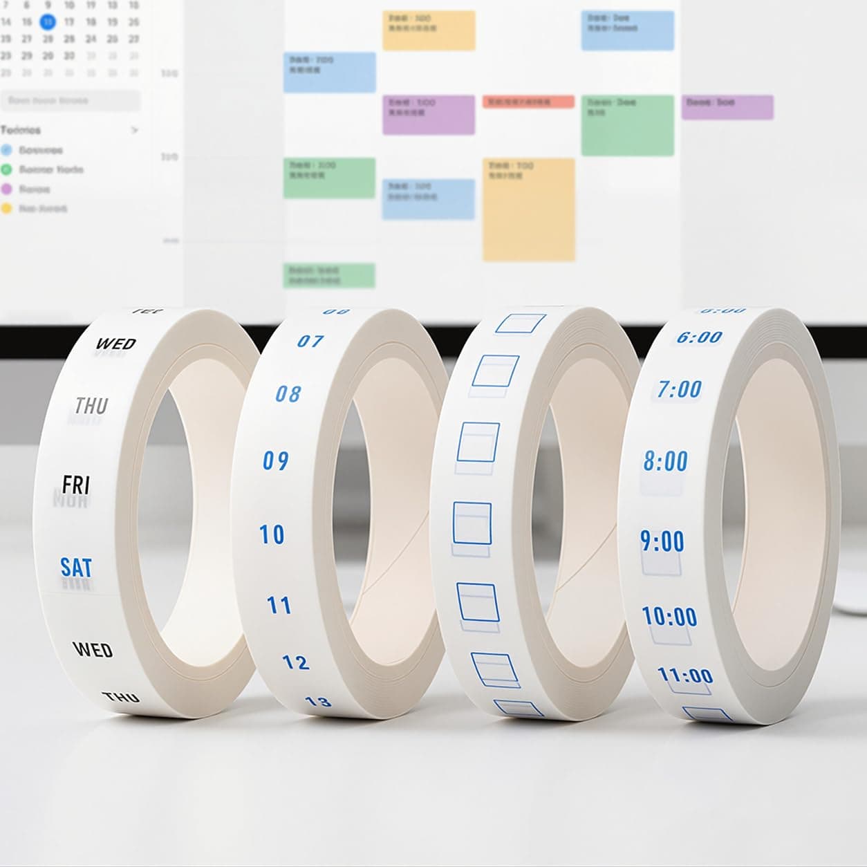 4 Rolls Date & Time Washi Tape, Decorative Adhesive Planner Tape, Weekly Hour Label Tape for Journal, Scrapbooking and Daily Schedule-White