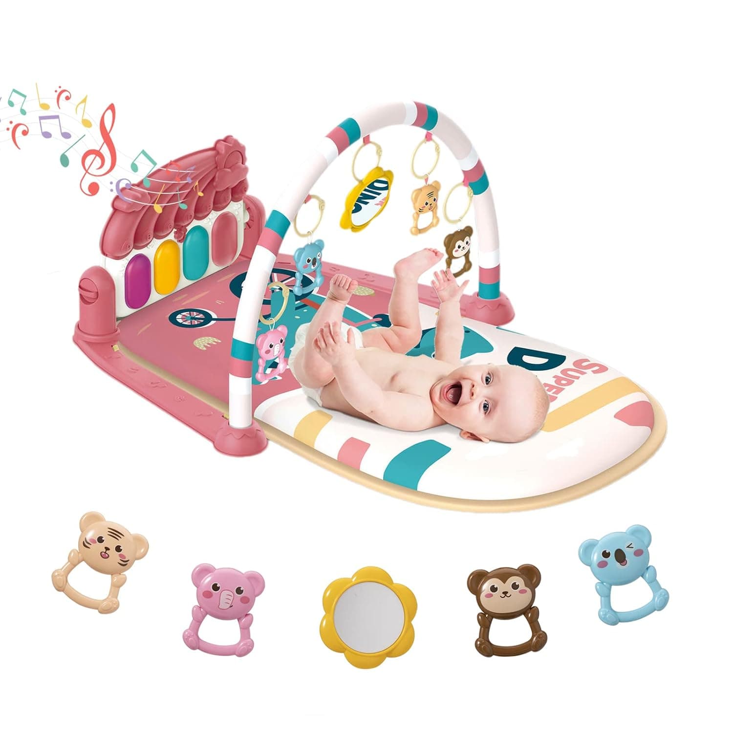Dearlomum Play Mat and Piano Gym - Tummy Time Activity Mat With 5 Sensory Toys, Music and Lights - Gifts for Newborn Infants 0-12 Months (Pink)