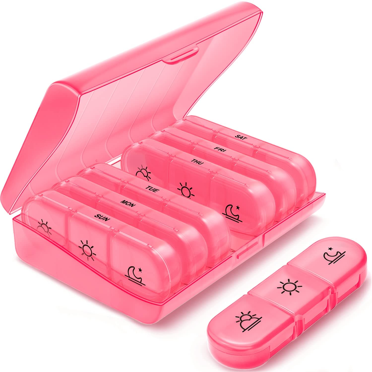 Bukela Weekly Pill Organizer 3 Times a Day, Portable Travel Pill Box 7 Day with Large Pill Containers, Light-Proof Pill Case for Vitamins, Medication, Supplements and Fish Oils, Pink