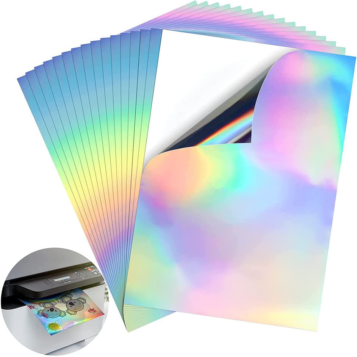 HANNEA® Holographic Vinyl Sticker Paper 8.5''×11'' Printable Laser & Inkjet Sheets, Waterproof Self-Adhesive Glossy Glitter Paper for DIY Craft Labels, 20 Sheets