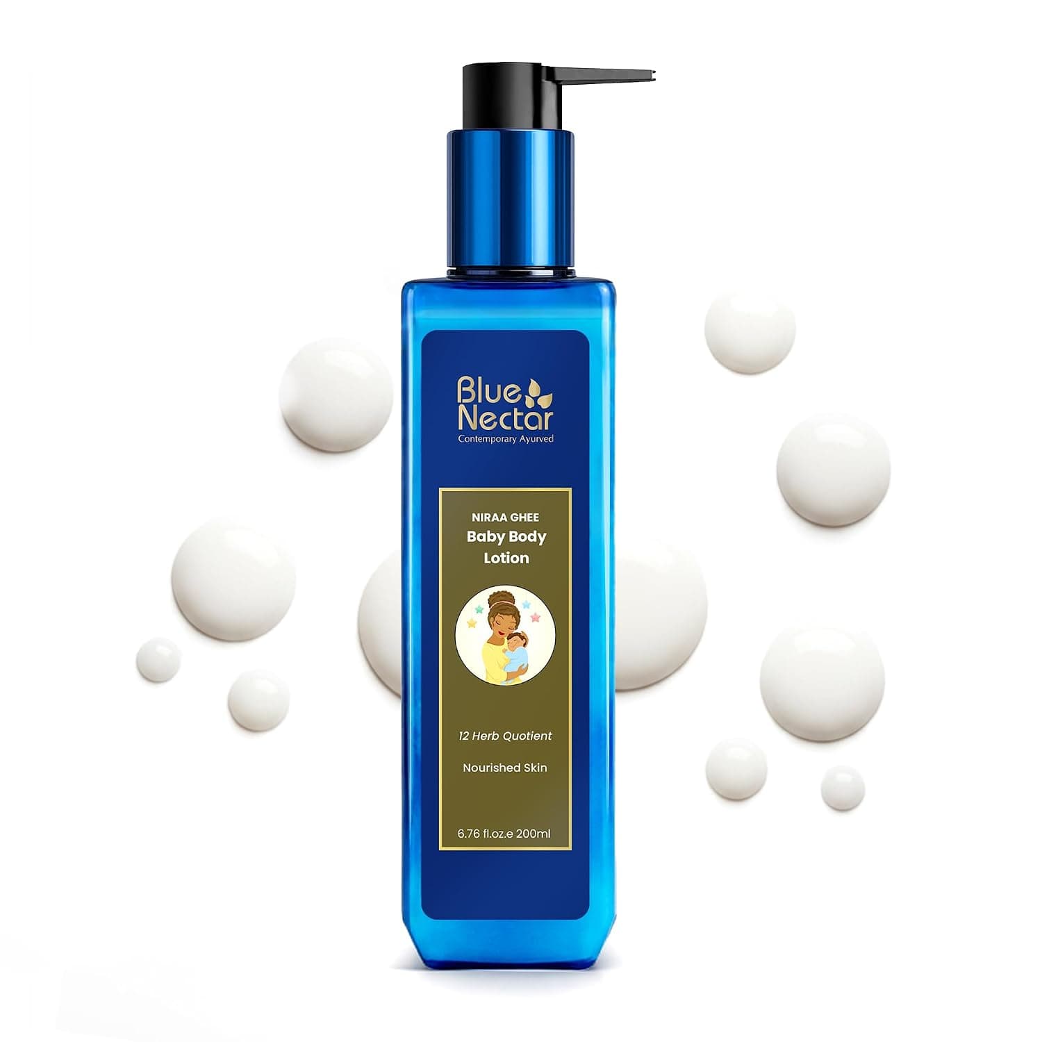 Blue Nectar Baby Lotion with Nourishing Organic Ghee, Body Butters and Ayurvedic Baby Oils Baby skincare | Infant Body lotion | Gentle moisturizer for Kids (12 Herbs, 200ml) | Ayurvedic Baby Body Lotion with Body Butters & Baby Oil for Massage | Nourishing Moisturizer for Baby | 12 Herbs, 200 ml