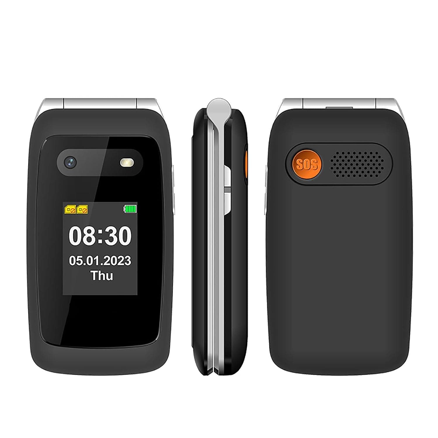 Big Button Elderly Mobile Phone, Unlocked Flip Cell Phone, with Dedicated Charging Stand, 2.4/1.77 Inch Dual Screen, 1500Mah Battery, SOS Button/One-click Photo,Black
