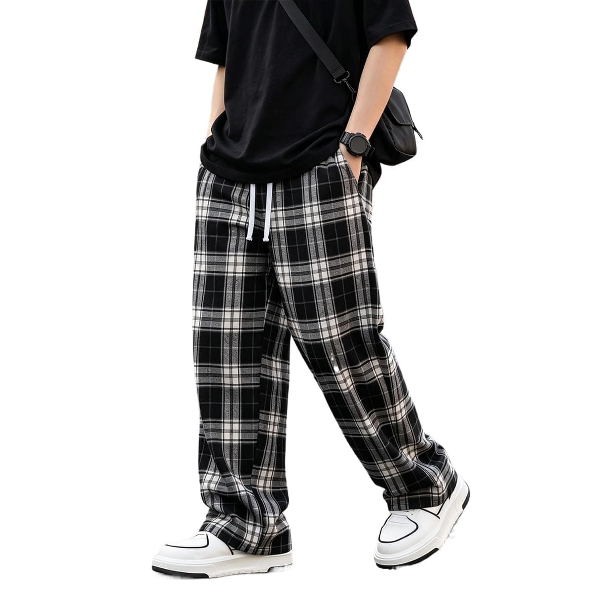 Men's Plaid Trousers, Black and Grey Check Pattern, Drawstring Waist, Casual Loose Fit Pants