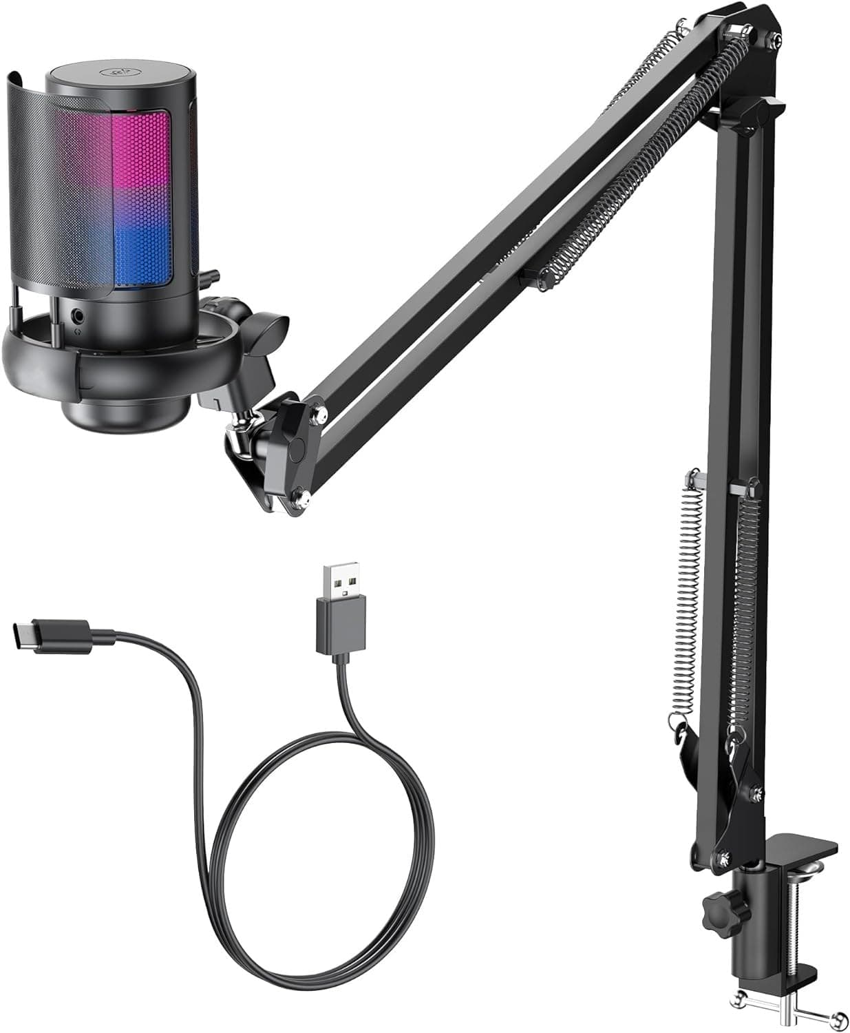 ميكروفون العاب USB للكمبيوتر مع ذراع بوم من اكسين الشخصي للبودكاست والفيديو مكثف كتم صوت سريع مؤشر ار جي بي حامل للصدمات زر كسب دوار متوافق بلاي ستيشن