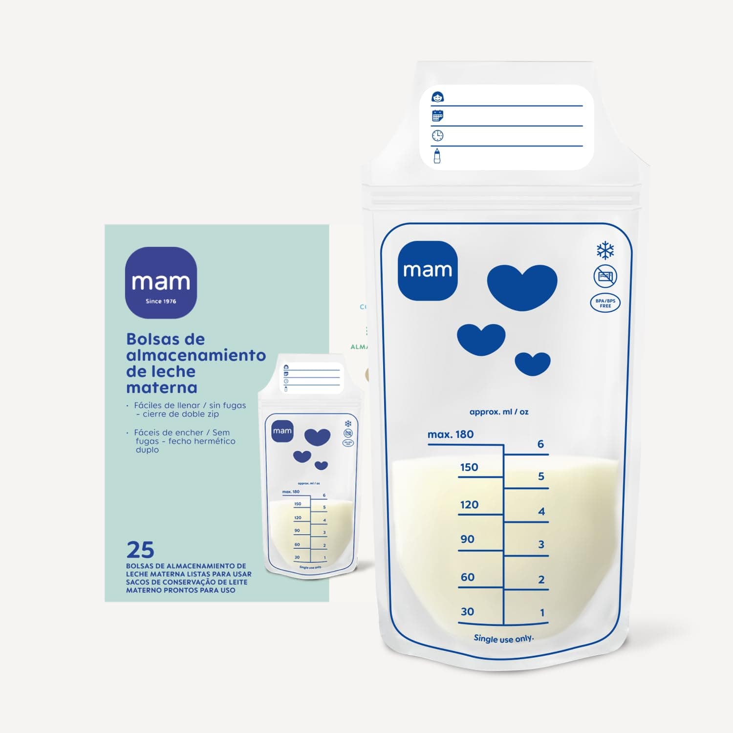 MAM 25 Pack Breast Milk Storage Bags Capacity 180ml Fridge Freezer Storage Bags - Allows Vertical or Horizontal Storage - Easy to Fill - No Leaks