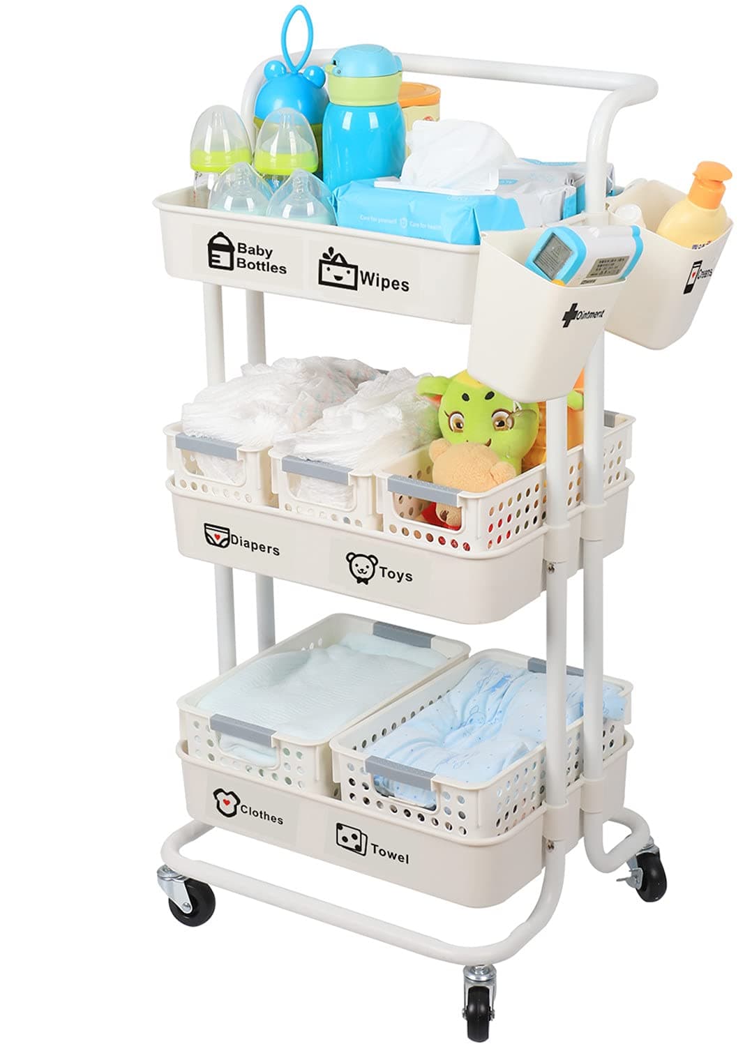 Baby Diaper Caddy Organizer Cart Movable, 3-Tier Sturdy Newborn Nursery Essentials Storage Cart for Changing Tables, with Mesh Baskets Hanging Cups and Sticker, Easy to Assemble