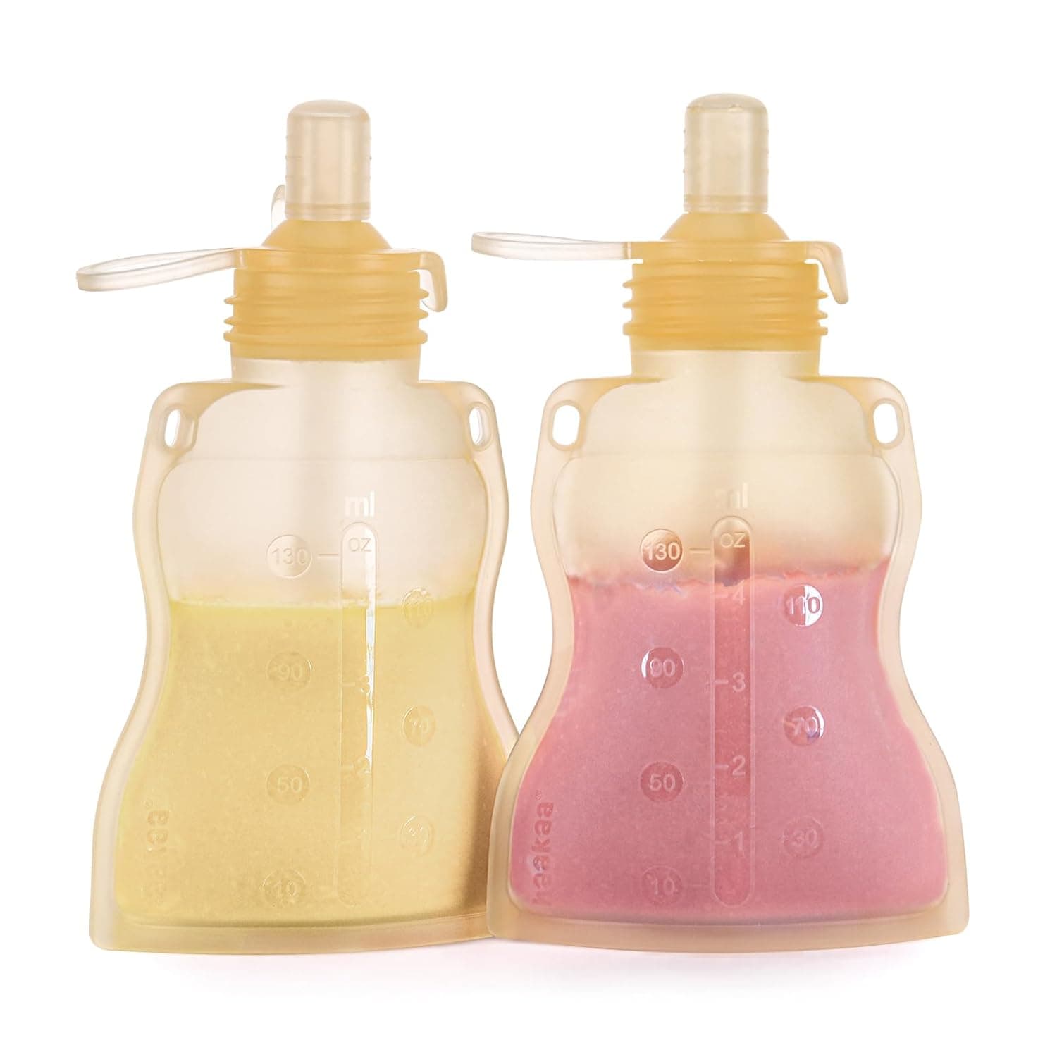 Haakaa Reusable Pouches for Toddlers, Food Grade Silicone, 4oz,2 Pack,6m+(Banana) | Soft squeeze control Cross-cut flow valve Easy-clean interior Weaning food prep