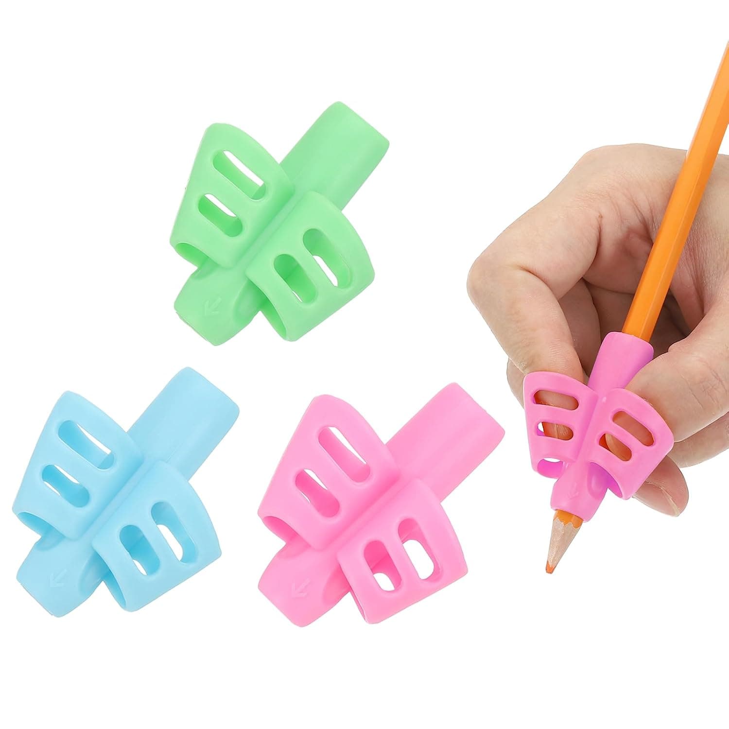 Handwriting Pencil Grippers, 3 Pcs 2 Fingers Pencil Grips Handwriting Aid Tool Writing Posture Correction Ergonomic Training Pencil Holder for Classroom, Pink, Green, Light Blue