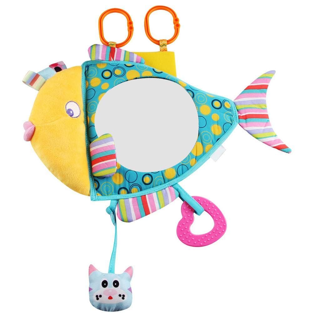 Car Seat Toy Mirror Baby Activity Discover Mirrors Animal Fish Shaped Rear Shatterproof Facing Mirror Baby Educational Plush Toy for Watching Infant In Back Seat While Driving