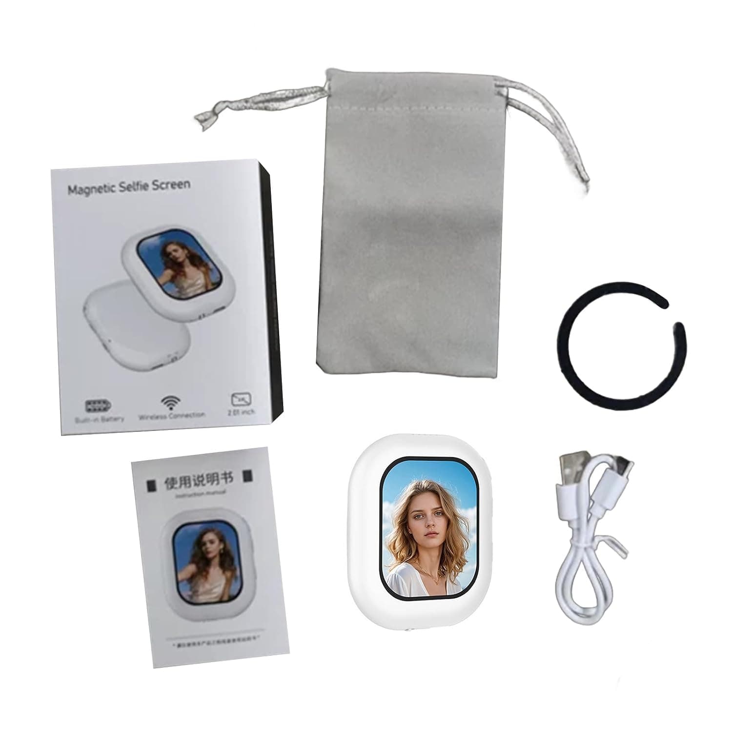 Morelian 2.01 Inch Vlog Selfie Monitor Screen Magnetic Phone Back Camera Selfie Monitor for Live Streaming Portable Circular Display with 5.0 and Remote Shutter for Content Creators (White)