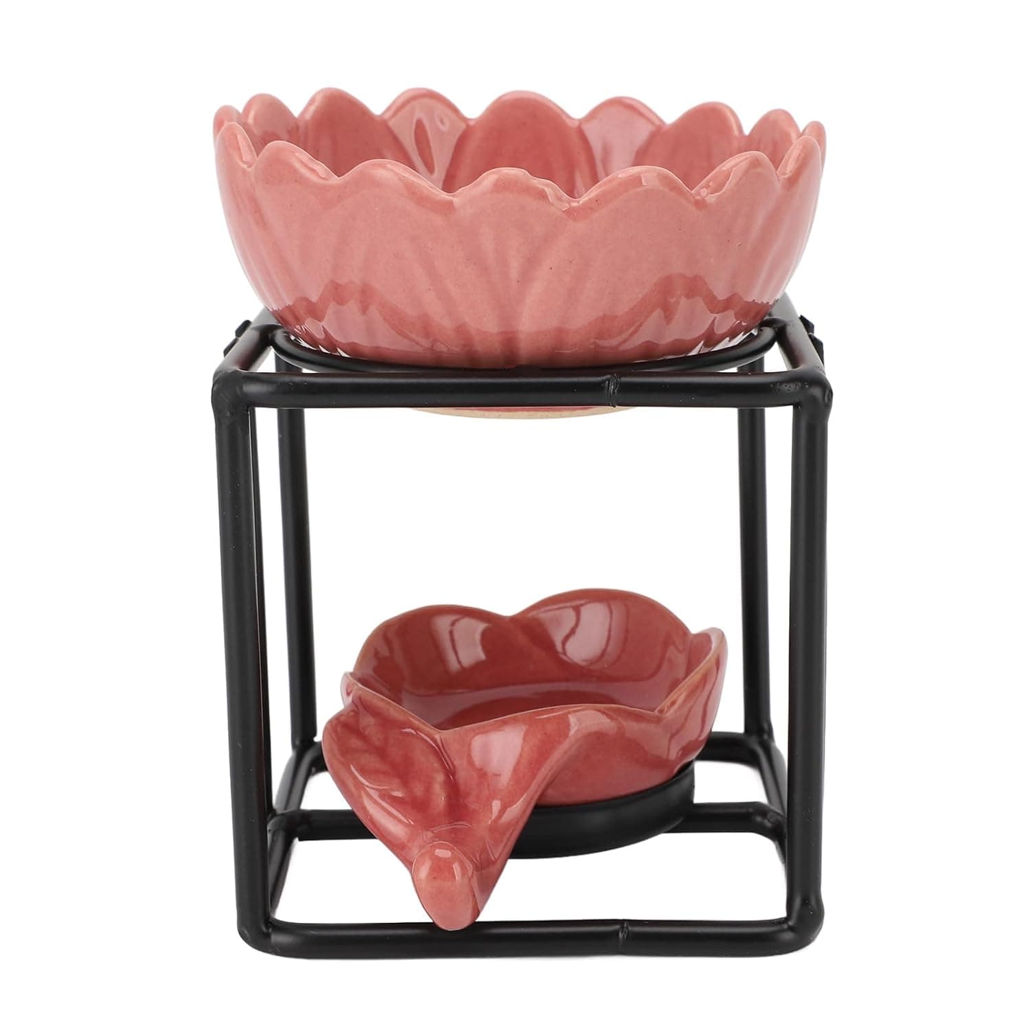 C-12 Ceramic Oil Burner with Wrought Iron Stand - Black Frame & Pink Dish Handmade Diffuser, Non-Slip Essential Oil Warmer for Home/Office Decor