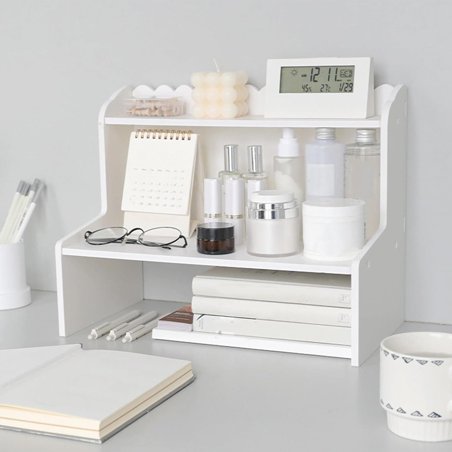 LINGWEI Wooden Desk Organizer – 2-Tier Desktop Storage Shelf for Office Supplies, Books, and Accessories | MDF Large Capacity Home Office Organizer