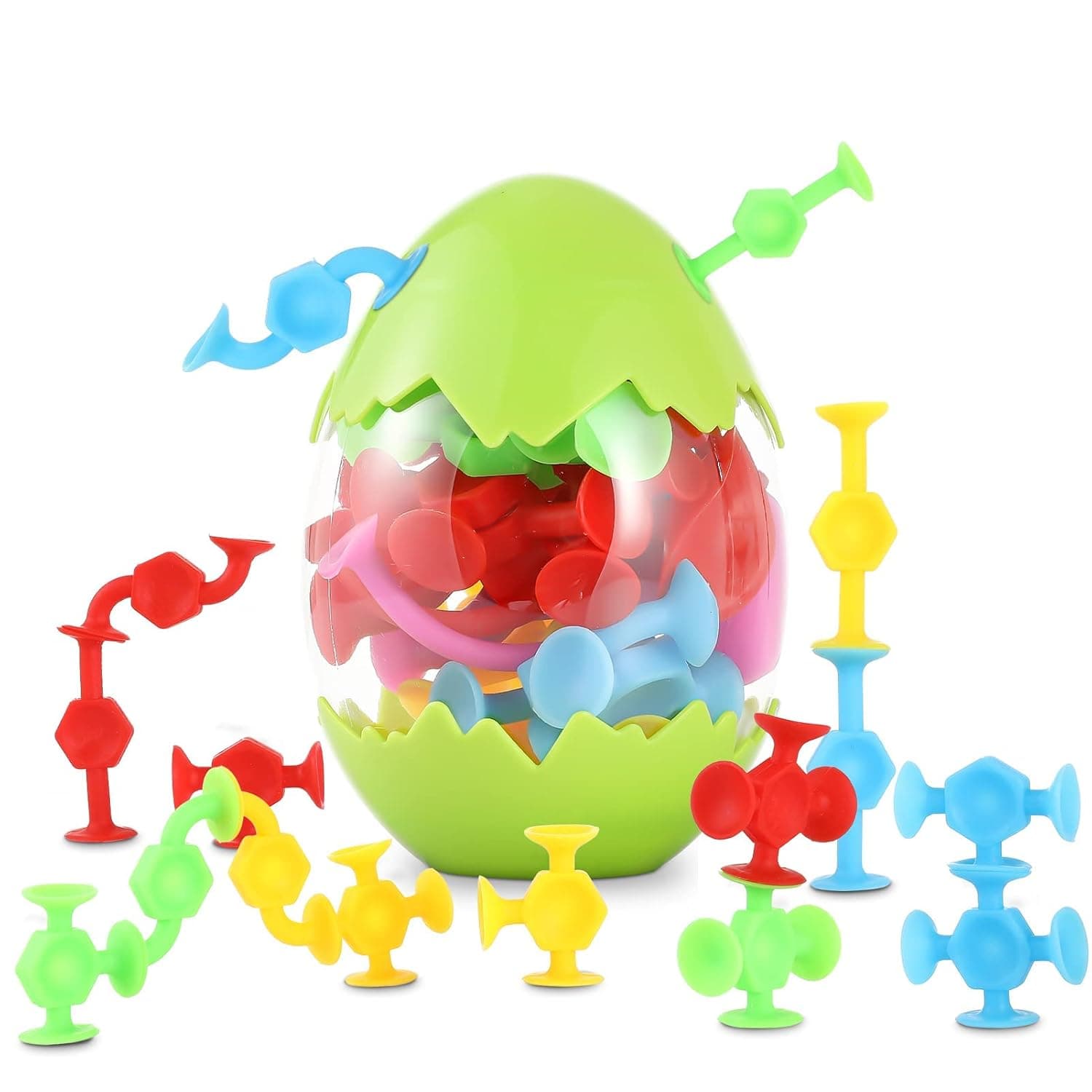 Suction Cup Bath Toy Set for Toddlers, 16 Pcs Colorful Silicone Sucker Toys with Dinosaur Egg Storage, Fun Learning and Travel Toys for Kids Ages 3 and Up, Perfect for Boys and Girls