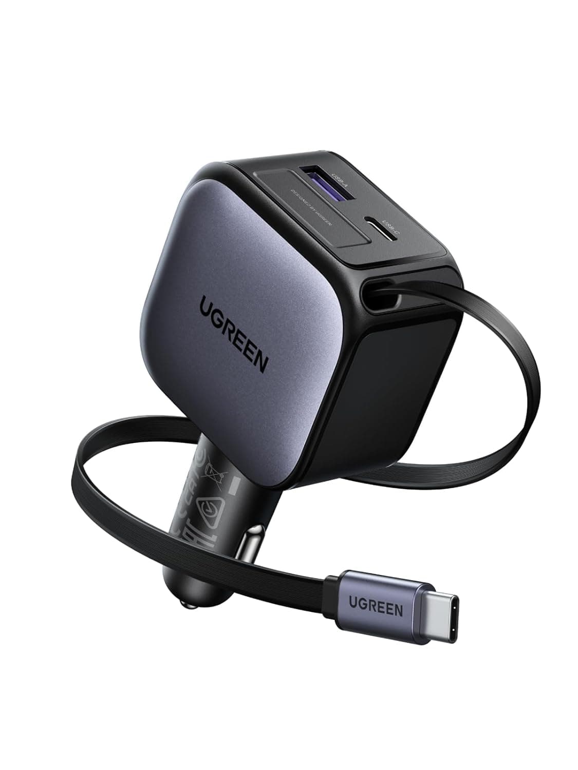 UGREEN Retractable Car Charger 60W With Built-in 30W USB C Cable 75cm, Car Charger Type C Fast Charging 2C1A USB Super Fast iPhone Adapter, for iPhone 17 Series, MacBook Pro/Air, Samsung S25 Ultra