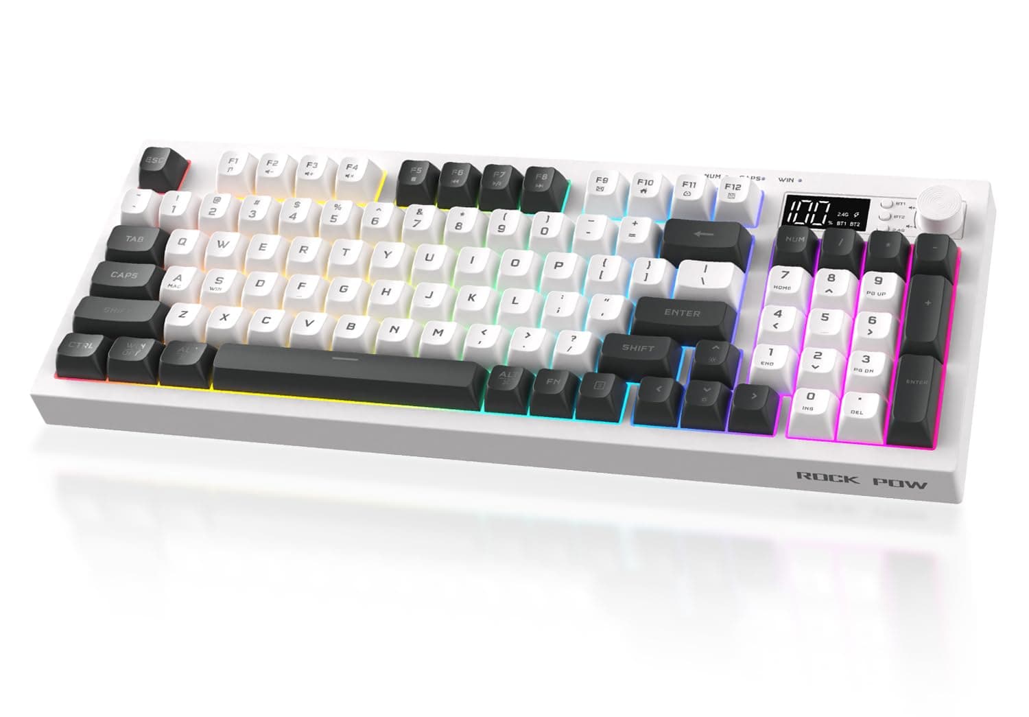 لوحة مفاتيح ألعاب لاسلكية 85% 94 مفتاح بلوتوث مع مقبض وسائط بإضاءة خلفية RGB ثلاثية الأوضاع BT/USB-C/2.4GHz PS4 مع غشاء هادئ للكمبيوتر والتابلت واكس بوكس وبلاي ستيشن 4 و5 من روك باو