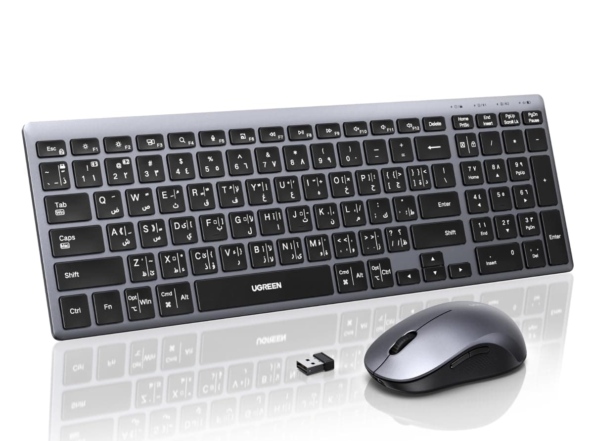 يوجرين لوحة مفاتيح وماوس لاسلكيان للعربية والإنجليزية، بتقنية بلوتوث 5.4 و2.4 جيجاهرتز، بتصميم 99 مفتاحًا، و4 مستويات DPI قابلة للتعديل، لوحة مفاتيح وماوس صغيران الحجم وسهلان الحمل لMac وiPad وWindows