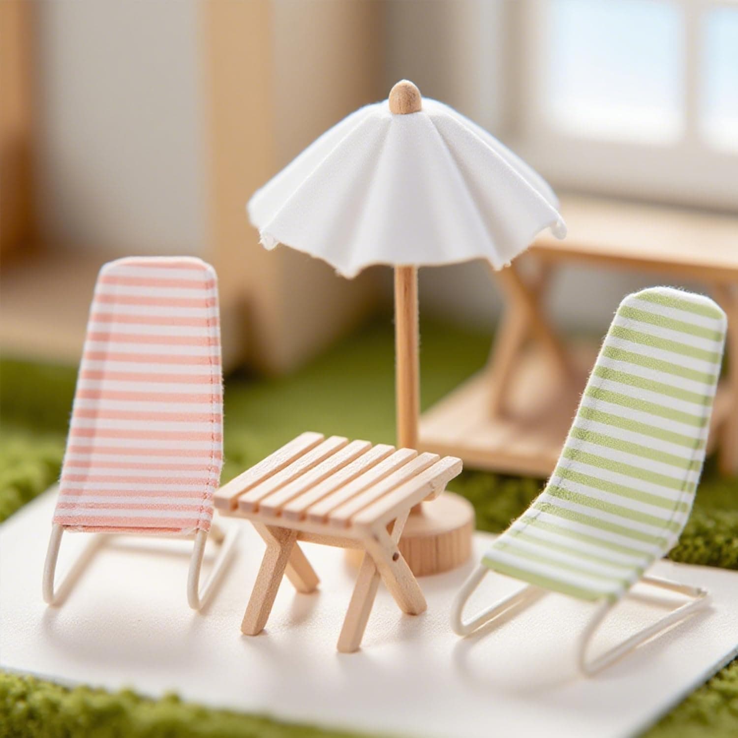 1:12 Scale Miniature Dollhouse Beach Furniture Set with Metal Recliner Chair, Wooden Sun Umbrella & Folding Table – Realistic Outdoor Patio Accessories for Dollhouse Decor, Pink & Green