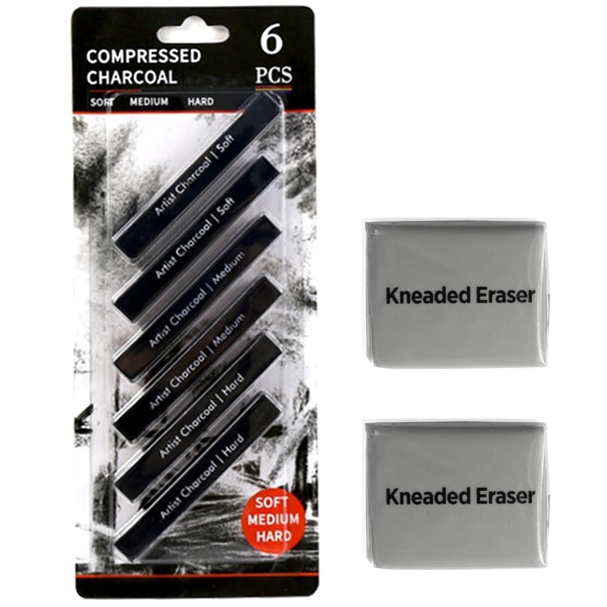 Compressed Charcoal Sticks 6 PCS, Kneaded Rubber Erasers Large Size 2 Pack, Square Vine Charcoal Rod Set of 8 for Back to School DIY Drawing Crafts, Sketching, Shading, Beginners and Artists
