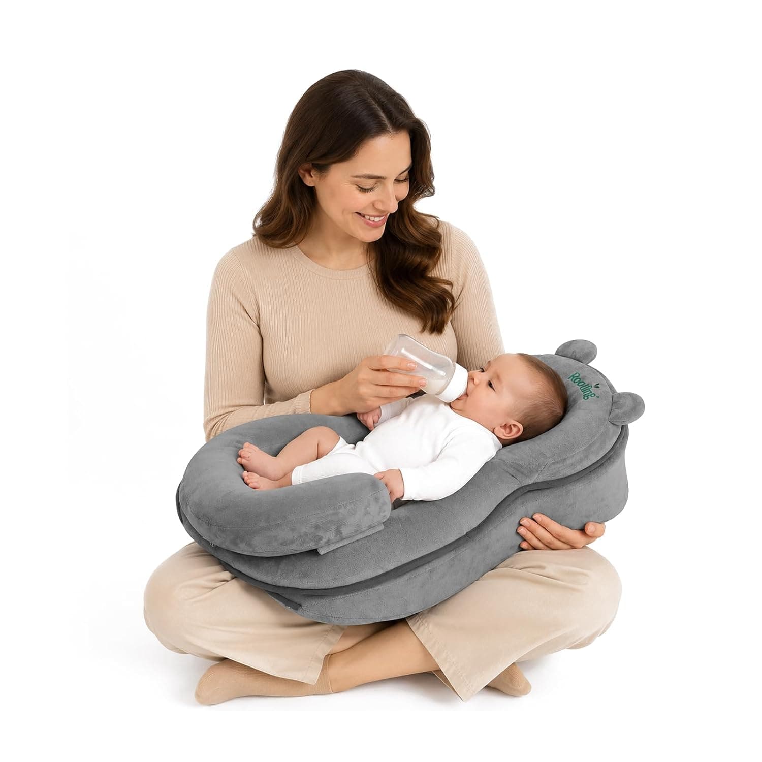 Rootling Baby Feeding Pillow, Anti Overflow Feeding Pillow for Reducing Spit-Up, Safety Nursing Pillow, Baby Lounger Reflux Wedge Breastfeeding, Removable top and Bottom (Gray, Small)