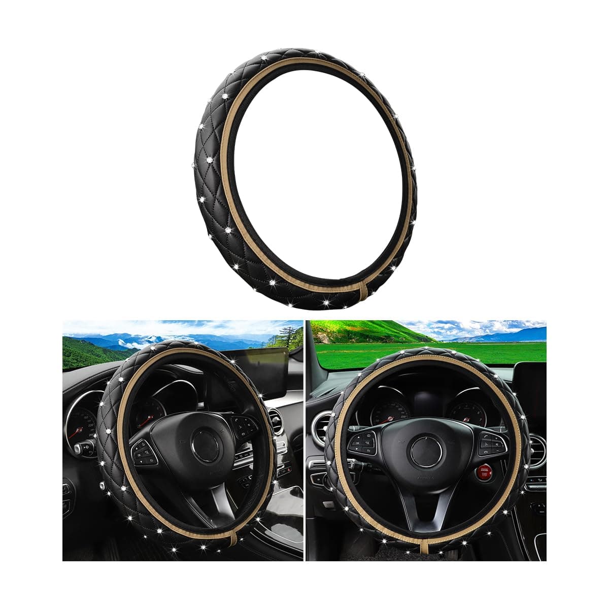 Bling Car Steering Wheel Cover, 14.5-15" Crystal Rhinestone Elastic Stretch Leather Non-Slip Steering Wheel Protector, Auto Interior Decoration Accessories, Universal for Vehicles (Beige)
