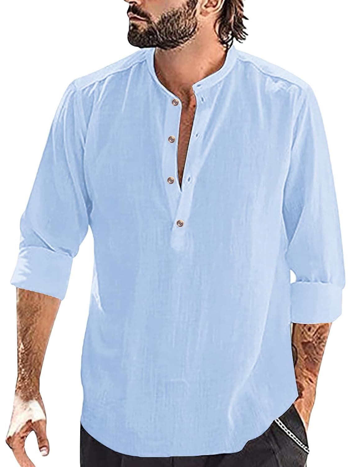 SEAUR Men Henley Shirt Long Sleeve Shirt Stand Collar Button Down Shirt