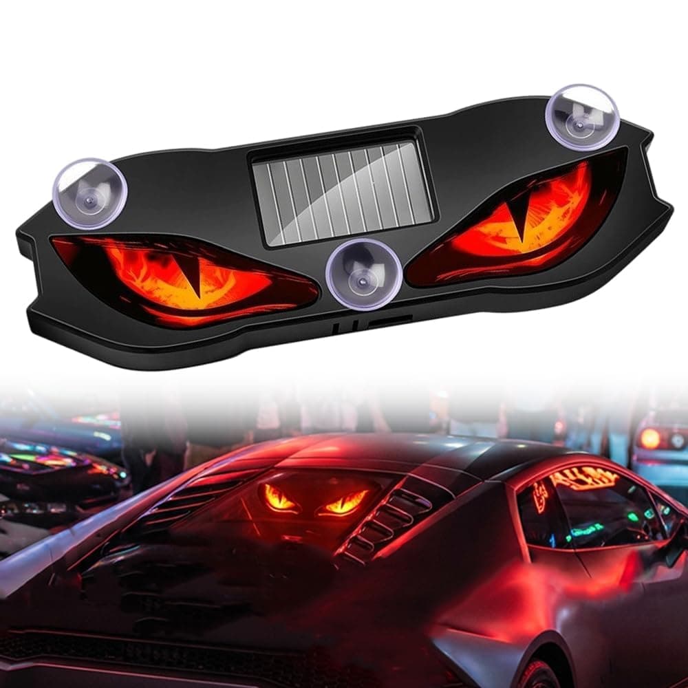 Devil Eye Lights for Car, Solar and USB Rechargeable Car Window Lights, LED Eyes Decorative Lamp with Suction Cup, Waterproof for Windshield Side Window SUV Truck, Eye Catching, Red 2 Pack